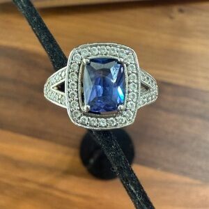 PAJ Stamped Silver Tone Faux Topaz Blue Clear Rhinestone Victorian Style Ring 8